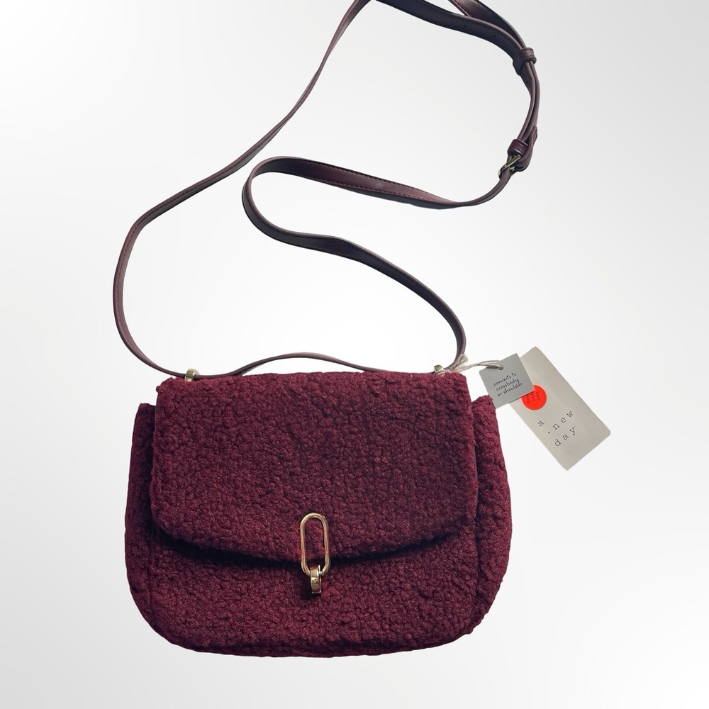 A New Day Burgundy Sherpa Crossbody Bag NWT